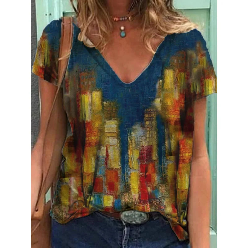 

2021 Summer Fashion Shirts for Women Tie-dye Short-sleeved V-neck T-shirt Summer Casual Loose Shirts Plus Size Clothing S-5XL