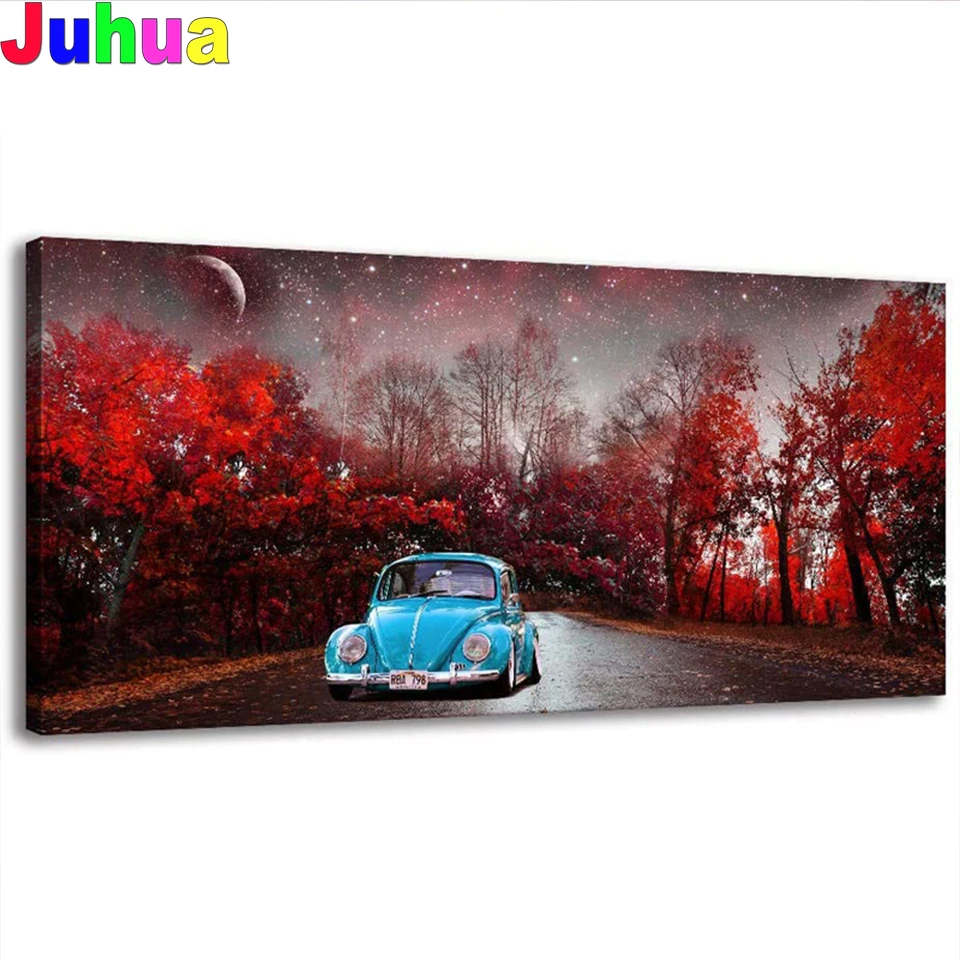 

Full square diamond Mosaic Red Forest And Blue Car Wall Art diamond embroidery 5D rhinestone Painting diamond inlaid pattern,