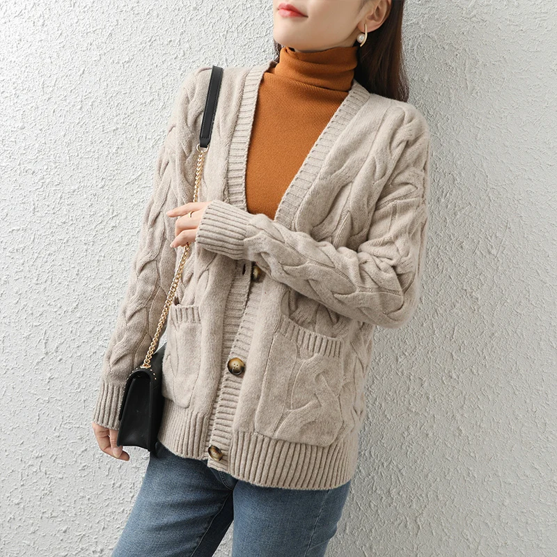 

Lafarvie Winter Wool Blends Cardigan Sweater Women Tops High Quality Knit Coat Casual Loose Warm Thick Oversized Pocket Clothing