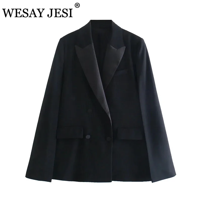 

WESAY JESI ZA Fashion Office Lady Pocket Loose Chic Coat Elegant Long Sleeve Women's Jacket Black Double Breasted Notched Blazer