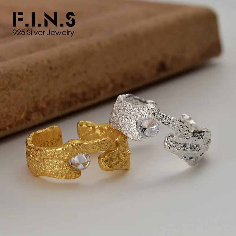 

F.I.N.S Korean Style Woman Zircon S925 Sterling Silver Texture Ring Irreguar Uneven Open Index Finger Ring Fine Wedding Jewelry