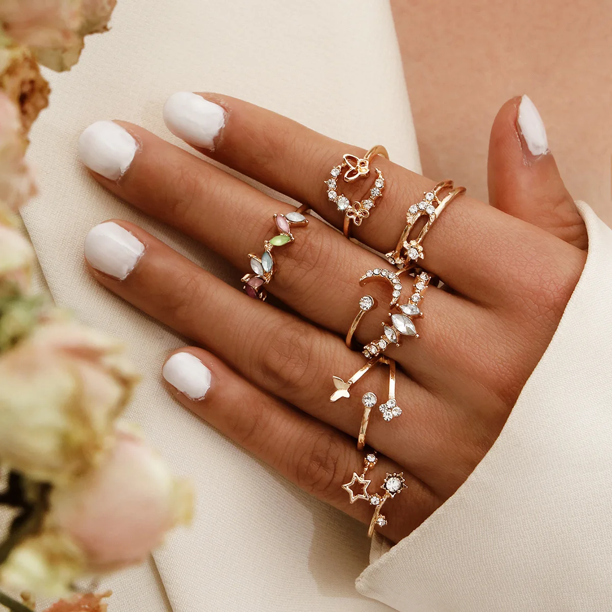 Набор из 7 модных кольце на фалангу со звездой и луной для женщин, разноцветные кристаллы, геометрические формы, свадебные кольца, бохо ювелирные изделия.