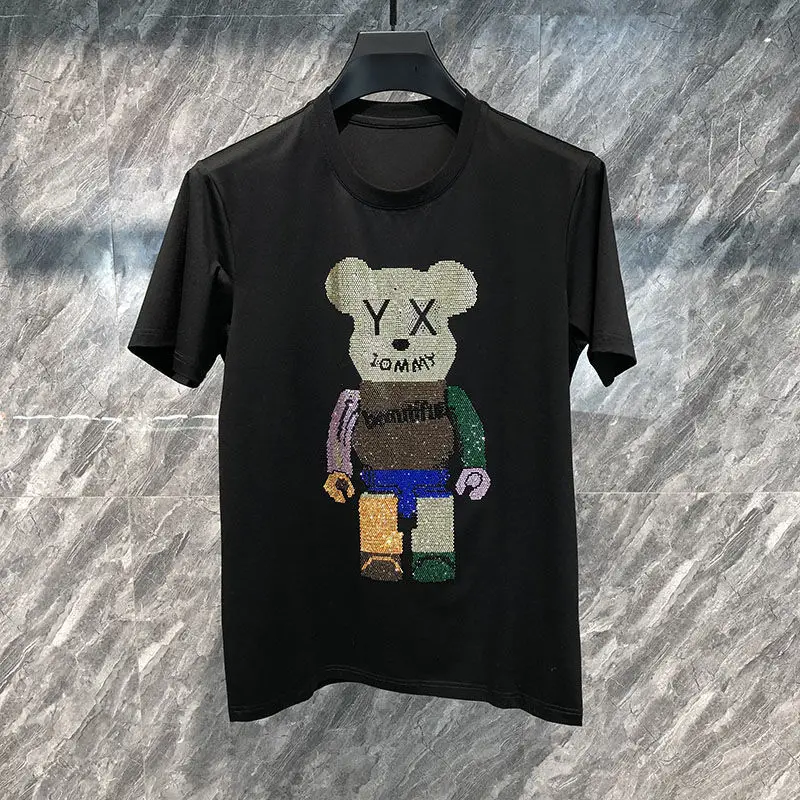 

Men's short-sleeved t-shirt black and white two-color summer ice silk bear hot diamond top round neck T-shirt