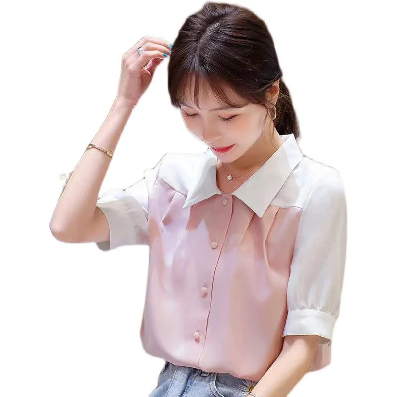 

Houthion Chiffon Slim Women's Blouses New Casual Blouse Fashion Short Sleeve Top Buttons Splicing Polo Shirt Summer