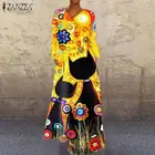 Женский весенний сарафан ZANZEA 2021, винтажное Повседневное платье с длинным рукавом и цветочным принтом, Женское Платье макси с V-образным вырезом