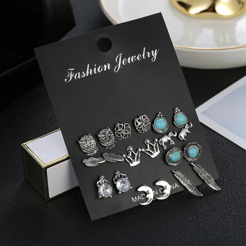 

Luokey Fashion Vintage Owl Elephant Stud Earrings Antique Crown Stone Earring For Women Bohemian Ethnic Jewelry Accessories 2020