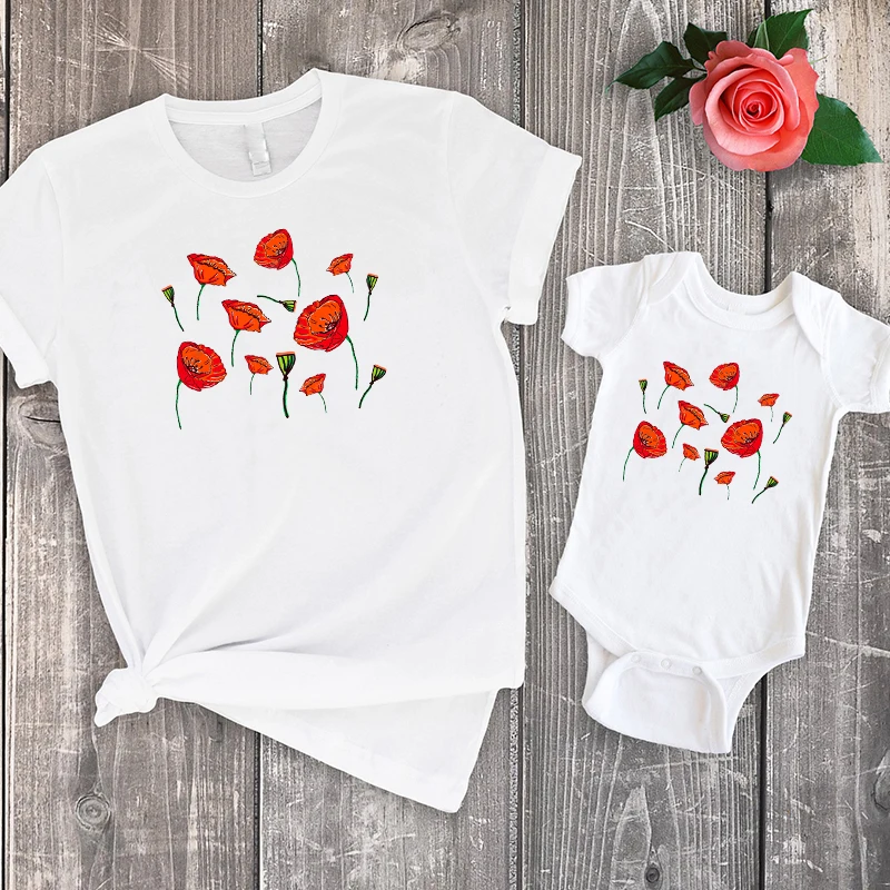 

Red Flower Print Shirt Fashion 2022 Mom and Daughter Matching Clothes Sun Flower Tshirt Family Matching Outfits Big Sister
