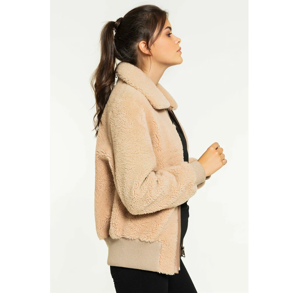 Womens College Shearling Jacket Turkey Wool Coat Short Fur Jacket Womens Winter Coats Beige Sheepskin Coat