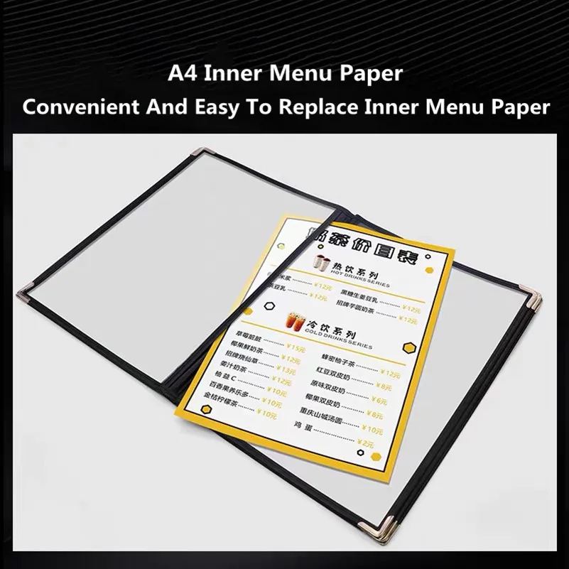 A4 Black Leather Recipe Menu Paper Book Frame PVC Menu Binder Inner Page Replaceable Restaurant Cafe Table Menu Holder Stand images - 6