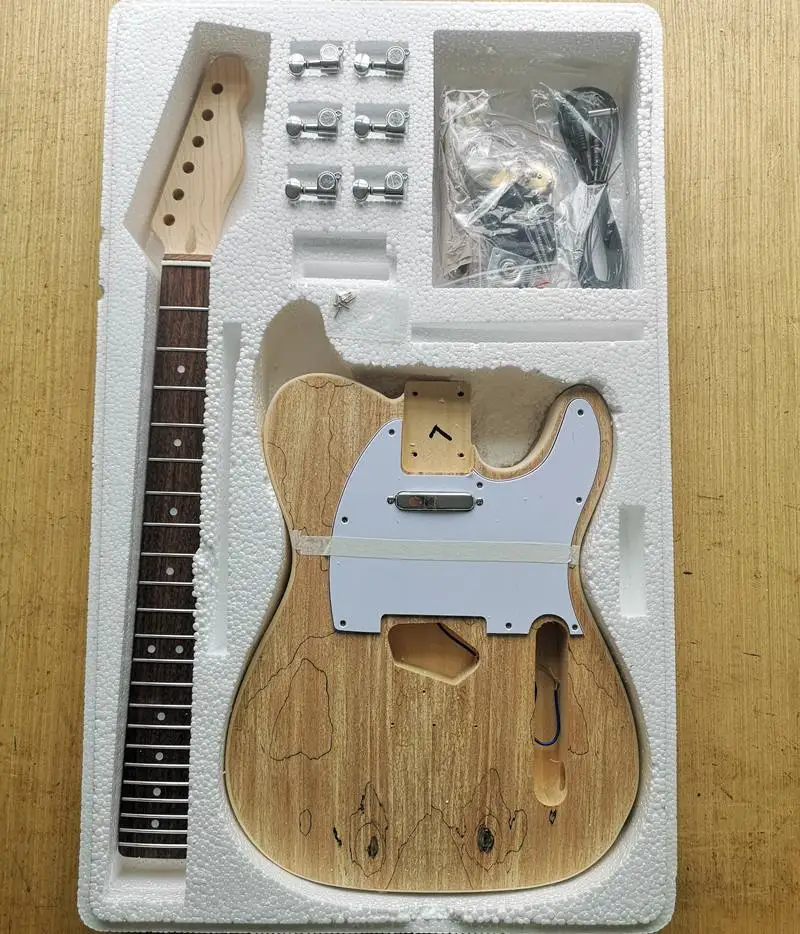 TL стиль электрогитара DIY Kit Spalted клен шпон бас дерево тело жесткий клен шеи палисандр гриф набор