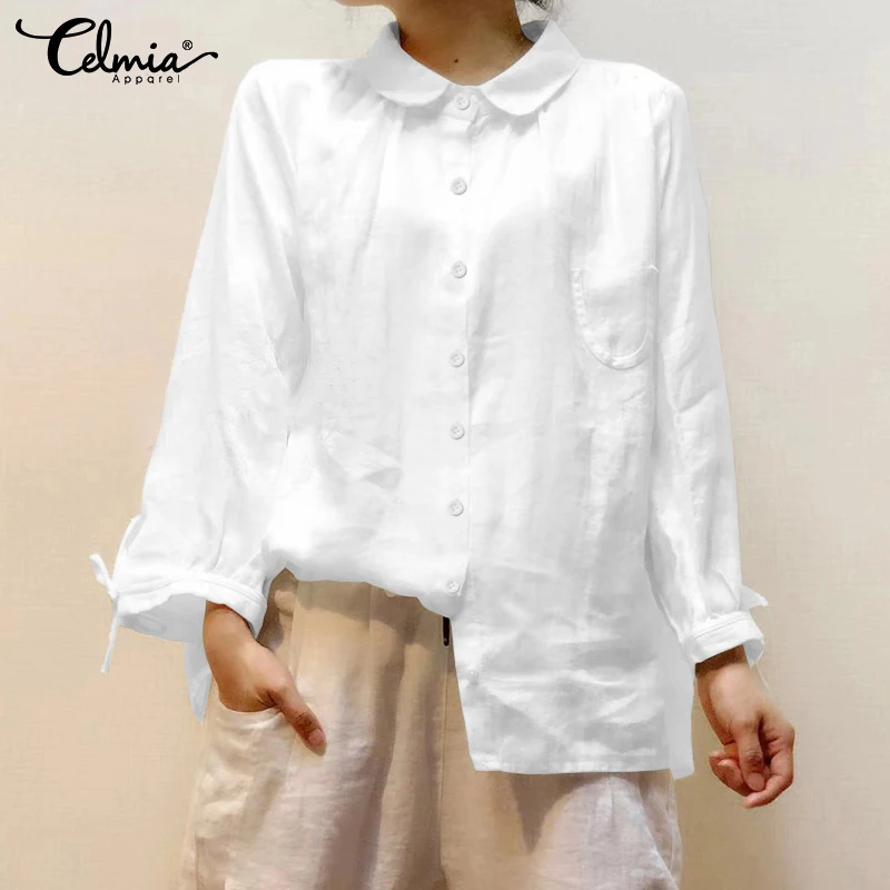 Женские винтажные блузки Celmia хлопковые повседневные рубашки с длинным рукавом