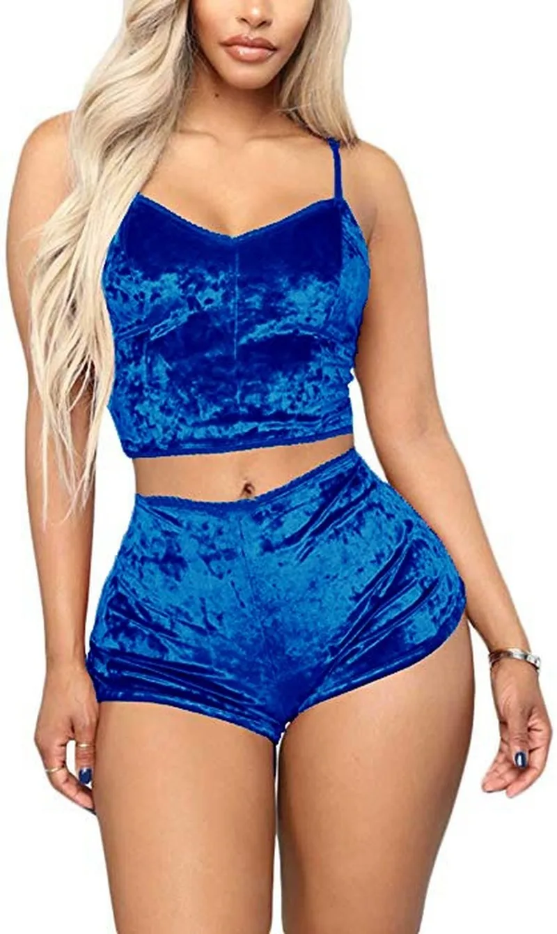 

Women 2 Piece Set Hot Velvet Sleepwear Sexy Spaghetti Strap Shorts Pajamas Suit Ladies Casual Sleepwear Female Pajama Party Set