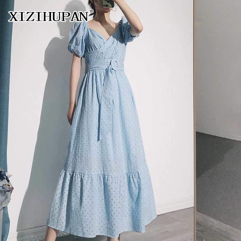 

XIZIHUPAN Casual Hollow Out Dress For Women V Neck Puff Short Sleeve High Waist Sashes Solid Dresses Females Summer 2021 Stylish