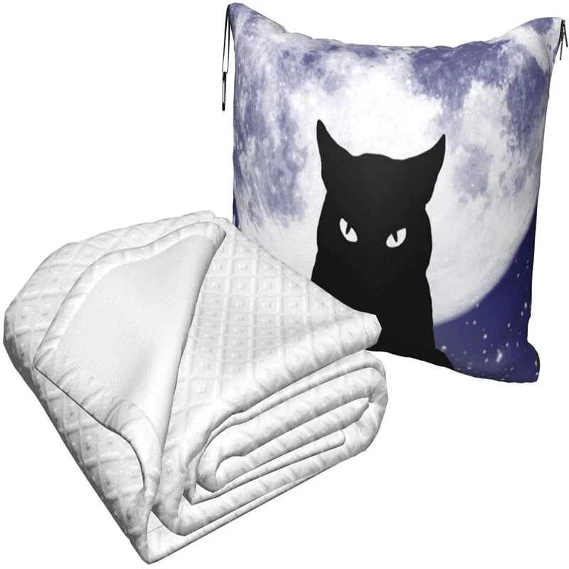 barato Gato Lua Estrelado Noite Viagem Travesseiro Cobertor Dois-em-um Mochila Cinta E Compacto Avião Saco Cintura Suporte 60x43 Polegadas