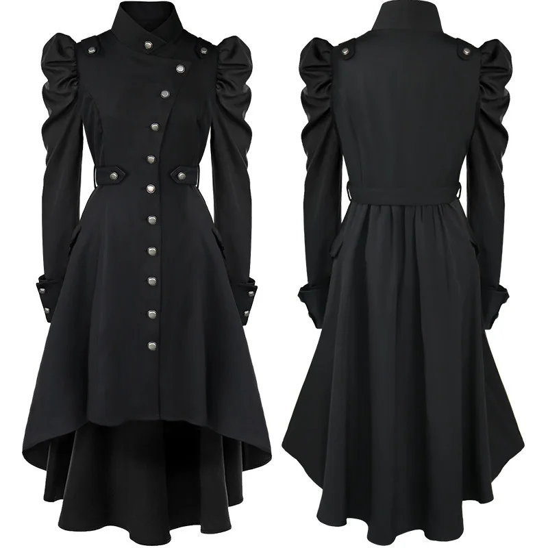 

British Style Women Halloween Costume Stand Collar Puff Sleeve Windbreaker Long Women Coat Jacket Fashion Clothes Overcoat