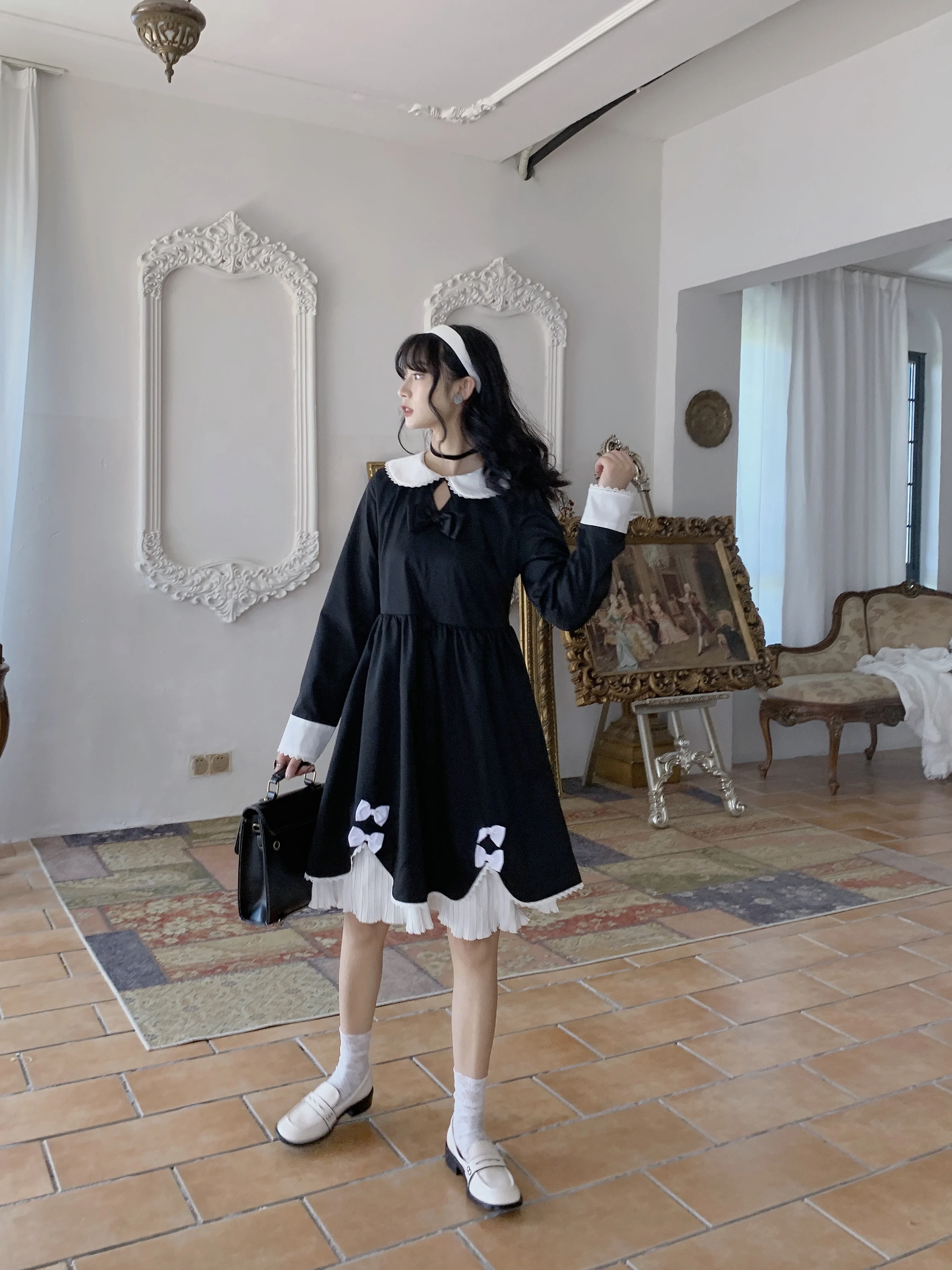 

Japanese Kawaii Soft Girl Autumn Palace Dress Sweety Peter Pan Collar Sweet Bow Vintage Full Sleeve Cute Ruffled Loose Dresses