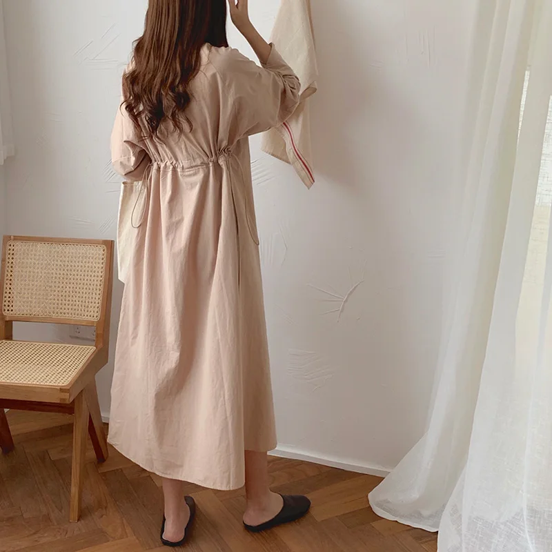 

COIGARSAM Solid Women dress Full Sleeve Loose V-Neck Dresses Khaki Blue 0237