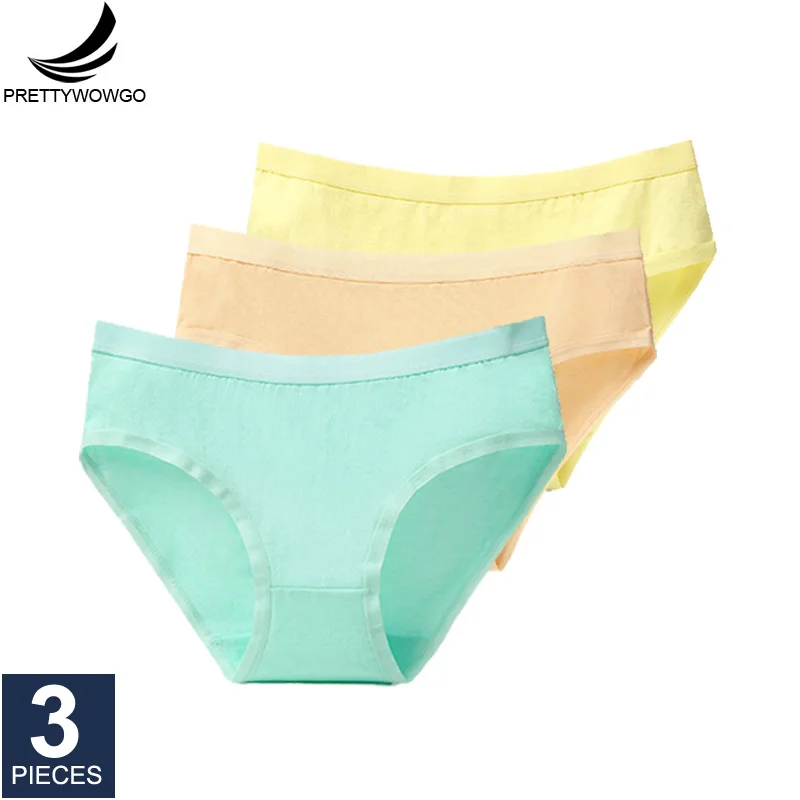green.khaki.yellow Prettywowgo 3 шт./партия, Новое поступление, женское нижнее белье, хлопковые трусы, 8 однотонных цветов, трусы, большие размеры M L XL XXL 3XL 008 - Цвет: green.khaki.yellow