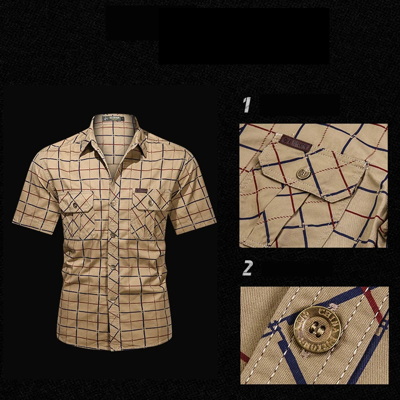 

Fashion Men Battle Plaid Shirt Short Sleeve Bomber Military Shirts 100% Pure Cotton Casual Lapel Pocket Shirt Male Outdoor Sport