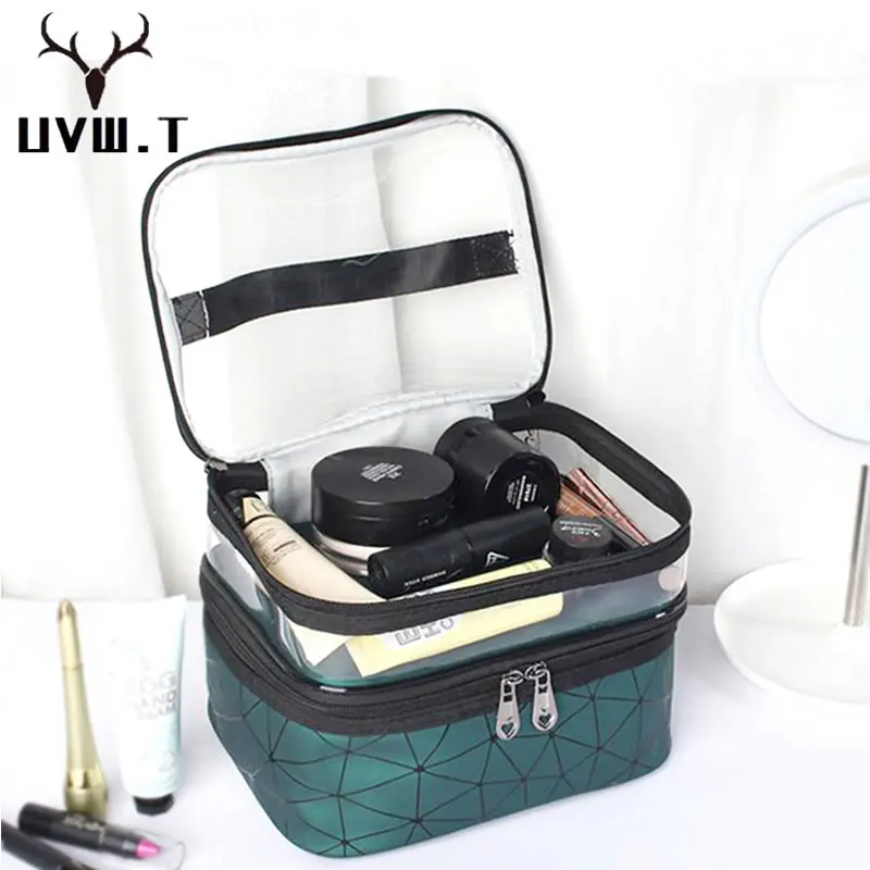 Многофункциональная двойная прозрачная косметичка большой емкости для