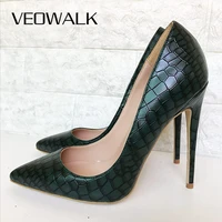 veowalk dark green crocodile effect women sexy pointed toe stilettos pumps 8cm 10cm 12cm extremely high heels ladies party shoes