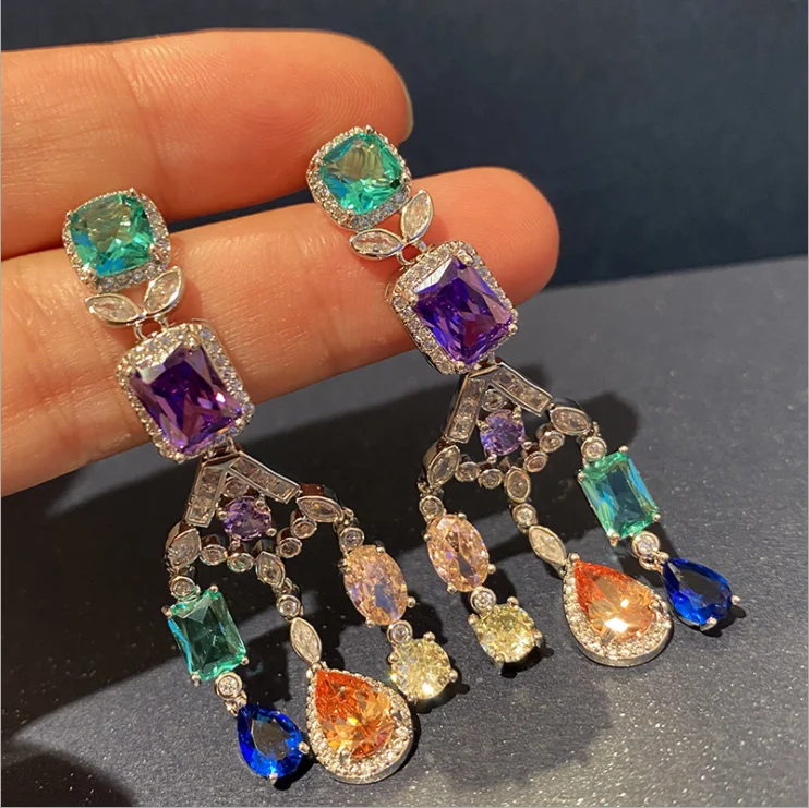 

Women Fantasy zircon color gemstone tassel earrings retro fan-shaped fashion temperament earrings