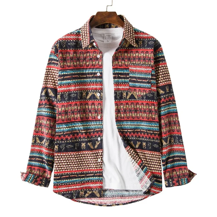 

2020 Autumn Plus size 5XL Men Casual Fashion Corduroy Striped African Printed Long Sleeve Shirt