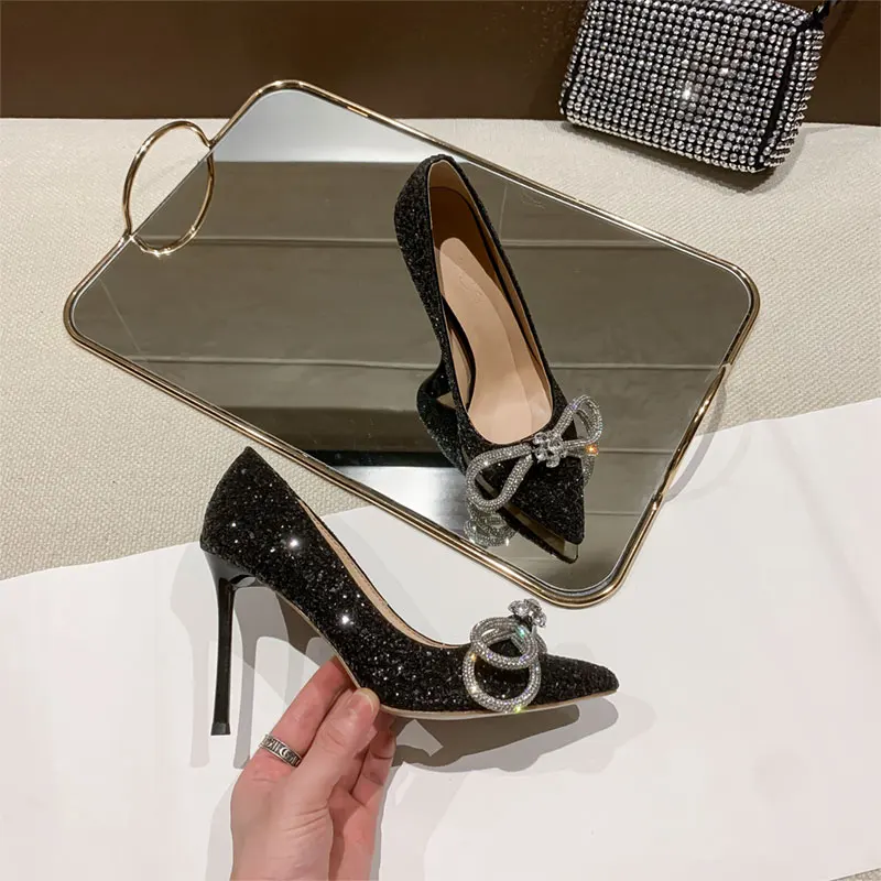 

Free shipping Women Lady Black silver Glitter Sequined bowtie Crystal Rhinestone high heels shoes pumps shallow Poined Toes