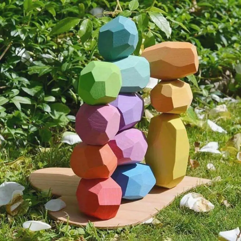

10 Pcs Children Wooden Colored Stone Stacking Game Building Block Education Toy