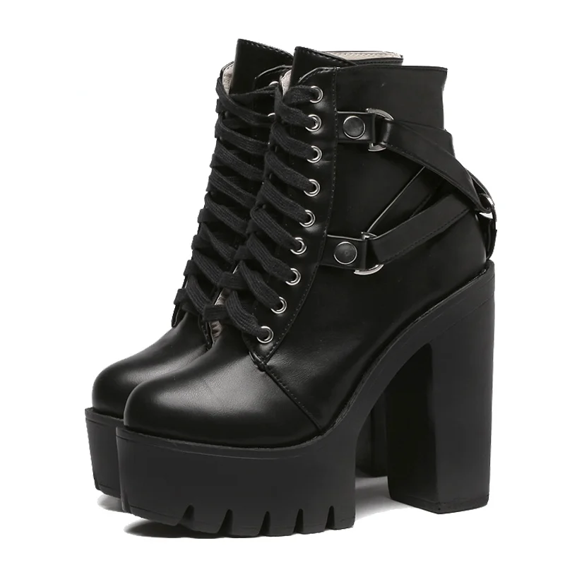 

2021 Fashion Black Boots Women Heel Spring Autumn Lace-up Soft Leather Platform Shoes Woman Party Ankle Boots High Heels Punk
