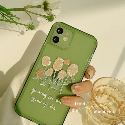 

Original Painting Flower Tulip Transparent Green Protective Cover Apple Camera All-inclusive Protection iPhone12 11Pro Max