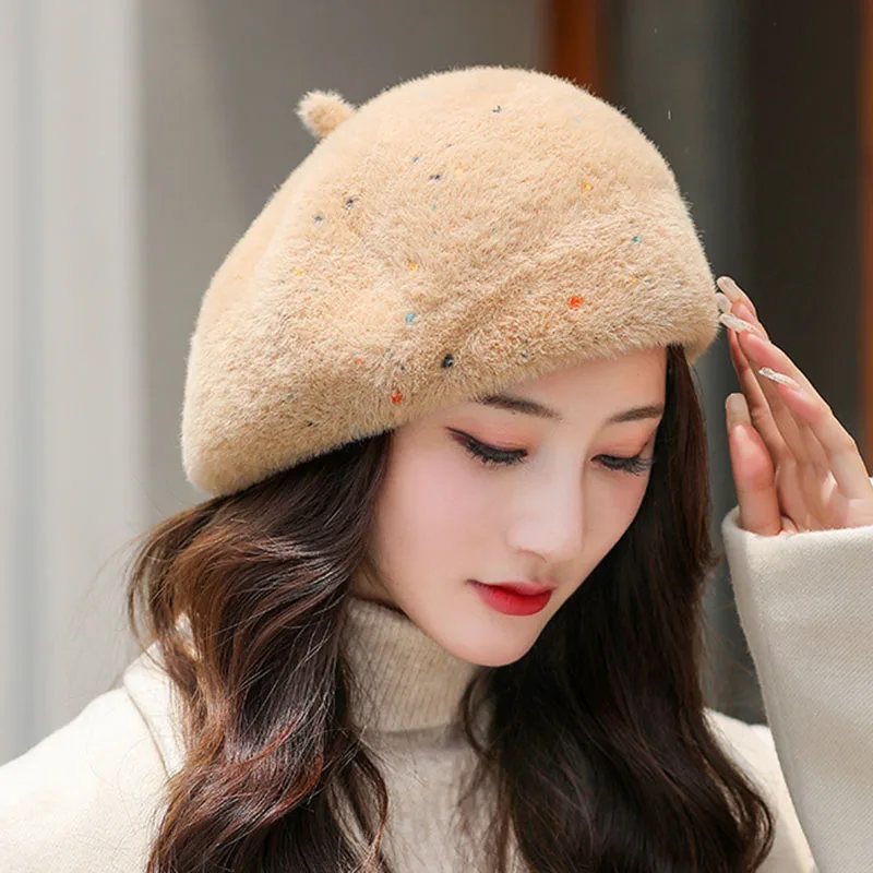 

2021 NEW Women Plush Mink Cashmere Beret Ladies All-match Literary Simple Painter Hat Autumn Winter Soft Warm Knitting Beret Cap
