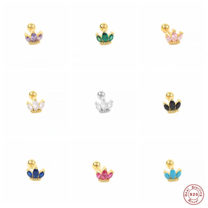

GS 925 Sterling Silver Colored Crystal Crown Stud Earrings For Women Pink Purple Three Oval Zircon Piercing Ear Studs Jewelry