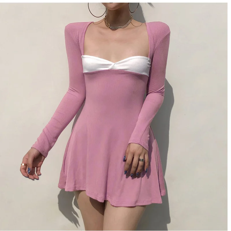 

Women's Dress Spring Autumn Patchwork Fashion Long Sleeve Square Collar Female High Waist Design Backless Slimming Mini Dress