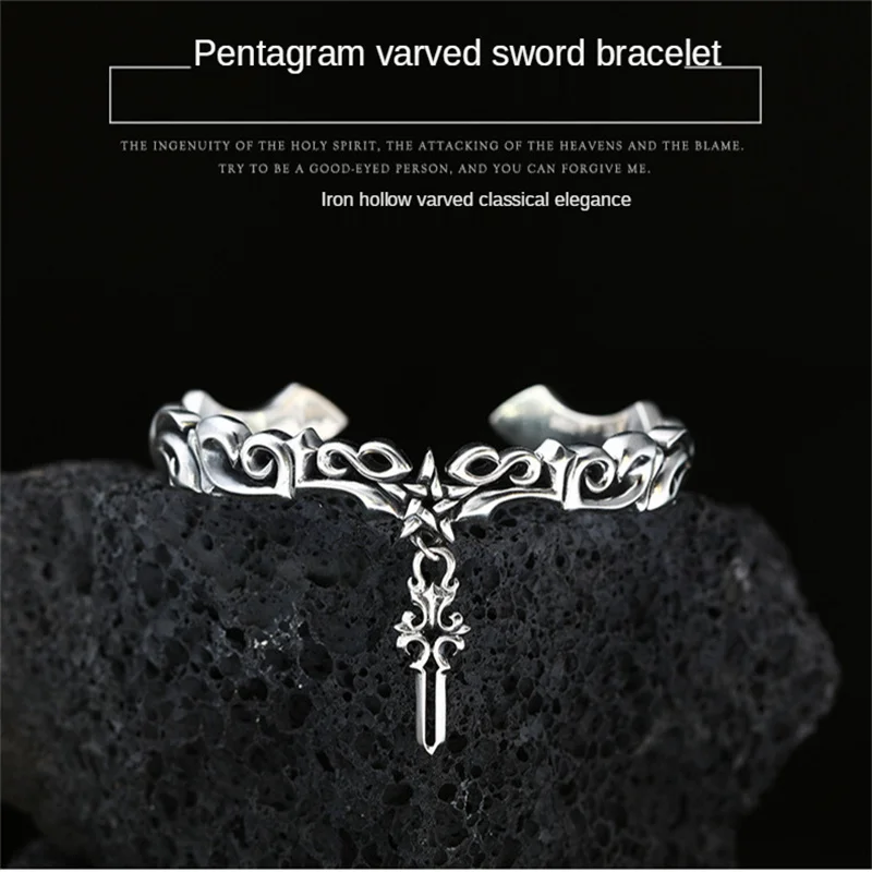 

925 Silver Vintage Men's Cuff Charm Bracelet,Thai Silver Fashion Personalized Cross Pendant, Open Bracelet,Boutique Jewelry Gift