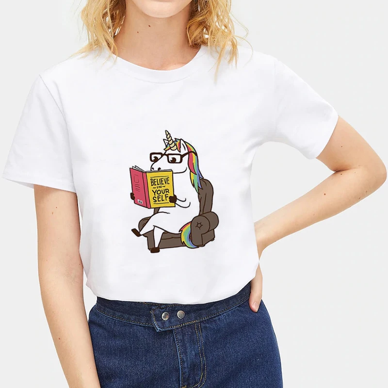 Летняя женская футболка в стиле Харадзюку с принтом единорога свободная круглым