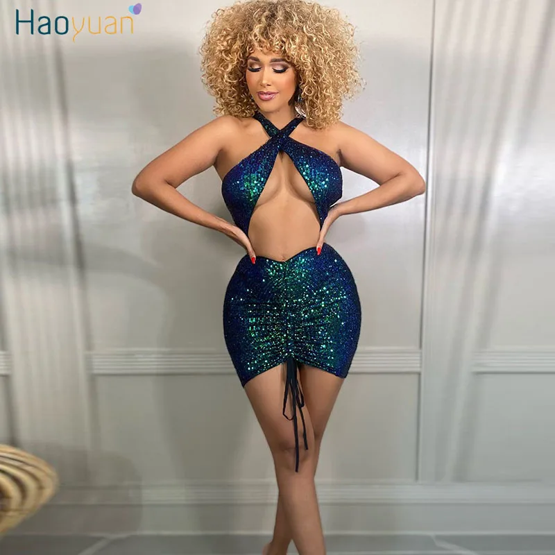 

HAOYUAN Sexy Sparkly Cut Out Sequin Dress Evening Gowns for Women Two Piece Bodycon Mini Night Club Outfits Birthday Party Dress