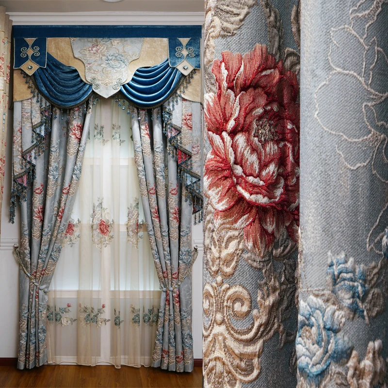 3D Роскошные Синие плотные жаккардовые полностью затемненные шторы для гостиной