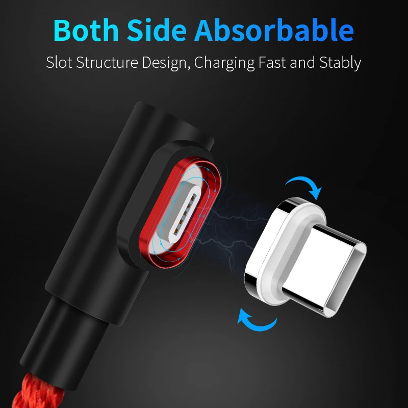 Магнитный Кабель 90 градусов 3A, кабель Micro USB type C, кабель для быстрой зарядки и передачи данных для iPhone XS MAX XR SAMSUNG S10 Plus S9+ S8 Note 9