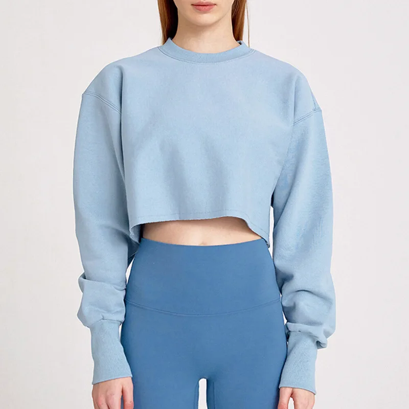 

Spring Autumn New O Neck Women Short Cotton Sweatshirts Long Sleeve Solid Color Loose Crop Sports Tops Casual Woman Pullovers