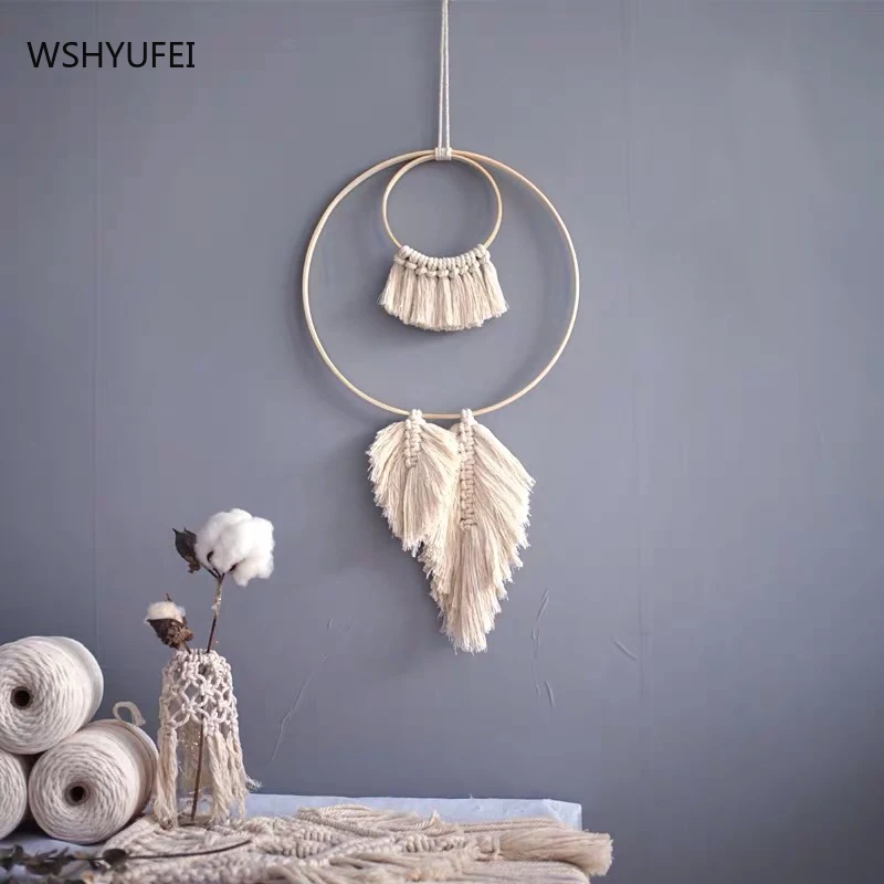 

Nordic woven round bamboo circle dream catcher feather decoration style girl heart wall decoration model room soft outfit