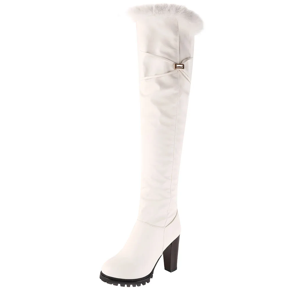 

SARAIRIS Plus Size 33-45 Female Winter Warm Fur Boots Over Knee Boots Women Thick High Heels Thick Plush Thigh High Shoes Woman