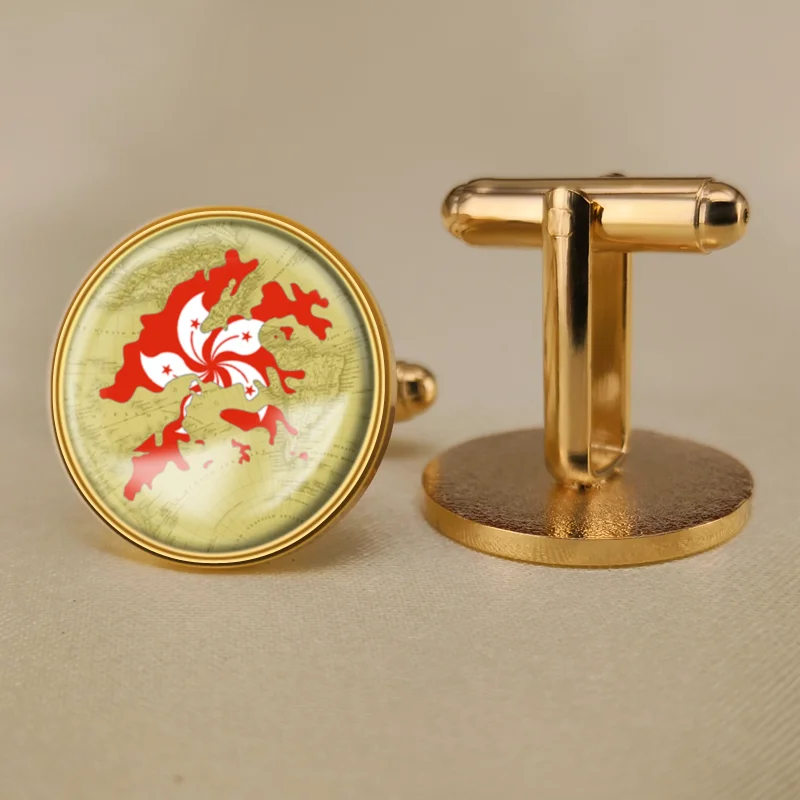 Гонконг карта запонки с изображением флага|Зажимы для галстука и запонки| |
