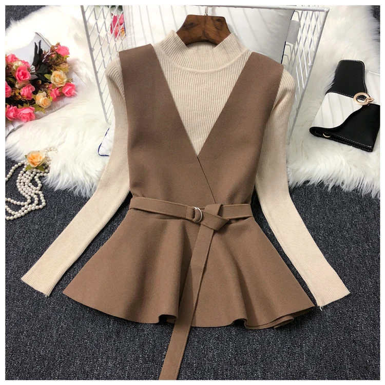 brown beige ALPHALMODA осень НОВАЯ Трикотажная нижняя рубашка+ жилет модный костюм из двух частей женский жилет с v-образным вырезом и поясом+ свитер с длинными рукавами - Цвет: brown beige