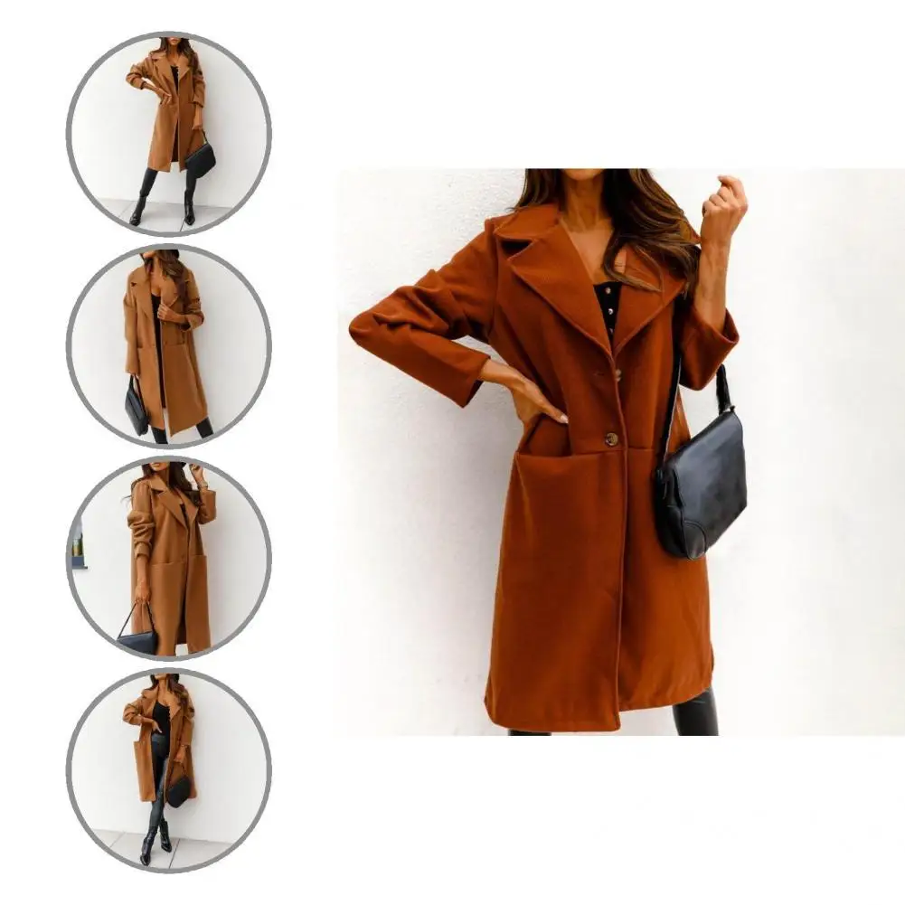 

Winter Jacket Buttons Wear Resistant Turn-down Collar Long Sleeve Cardigan Lady Trench Coat