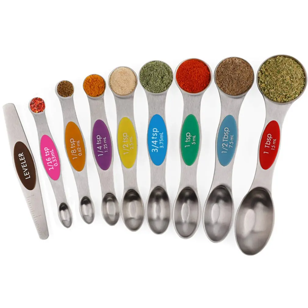 

9pcs/set High Quality Magnetic Measuring Spoons Set Dual Sided Stainless Steel Teaspoons Stackable Fits In Spice Jars Or Liquid