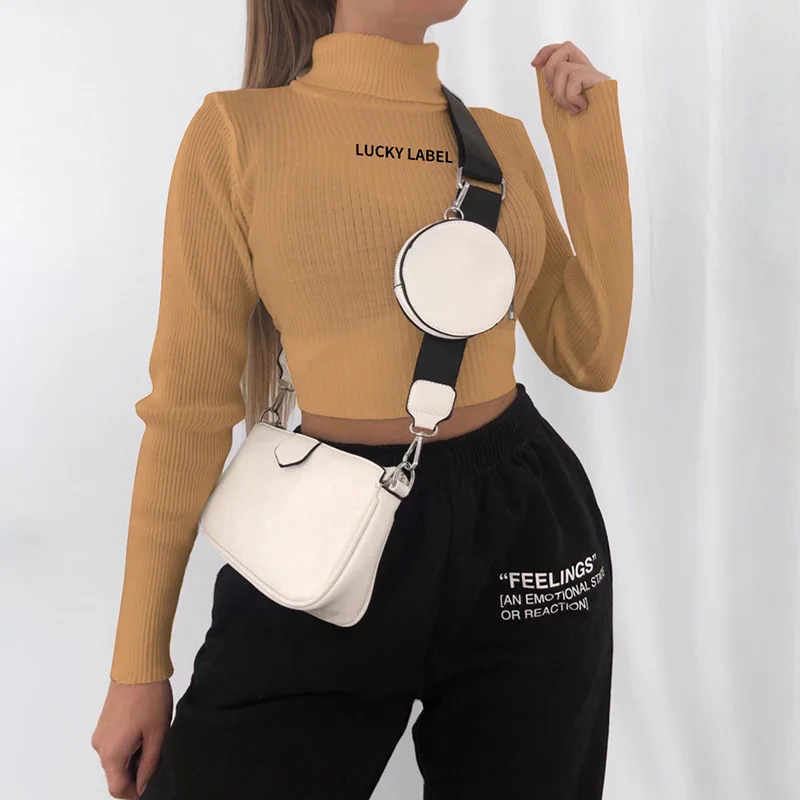 

Yimunancy Knitted Top Women Turtleneck Crop Top 2020 Autumn Long Sleeve Top
