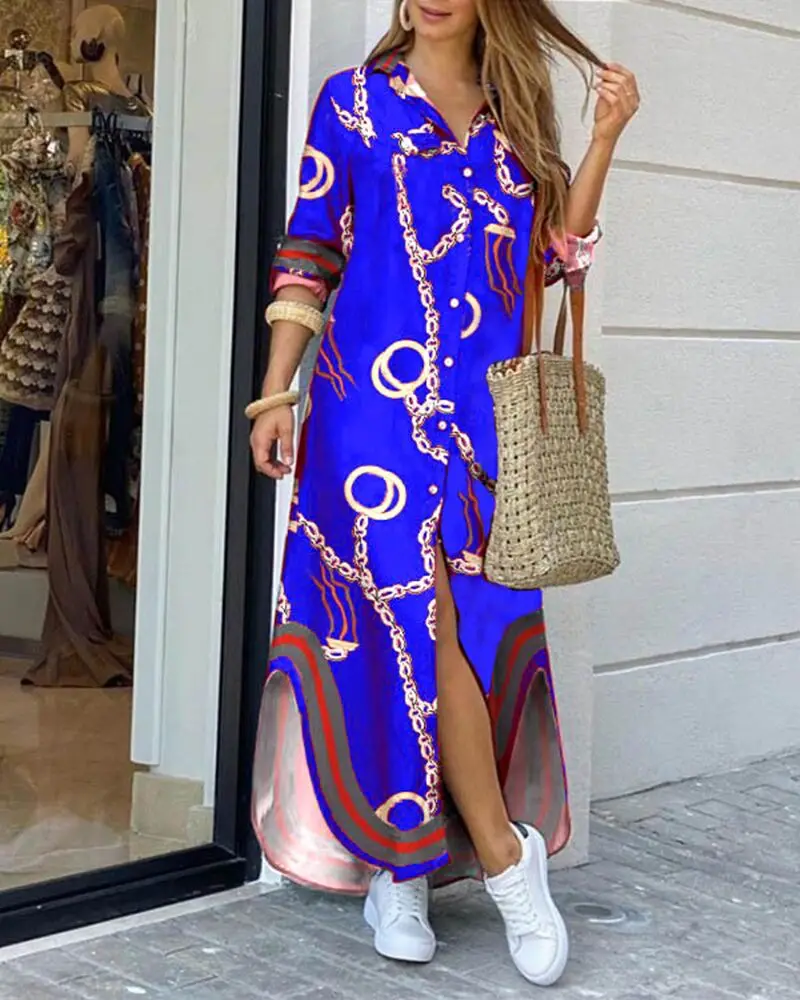 

Women fashionable Shirt-style Button Dress Ladies Casual Long Street Large Size Loose Home Commuter Print