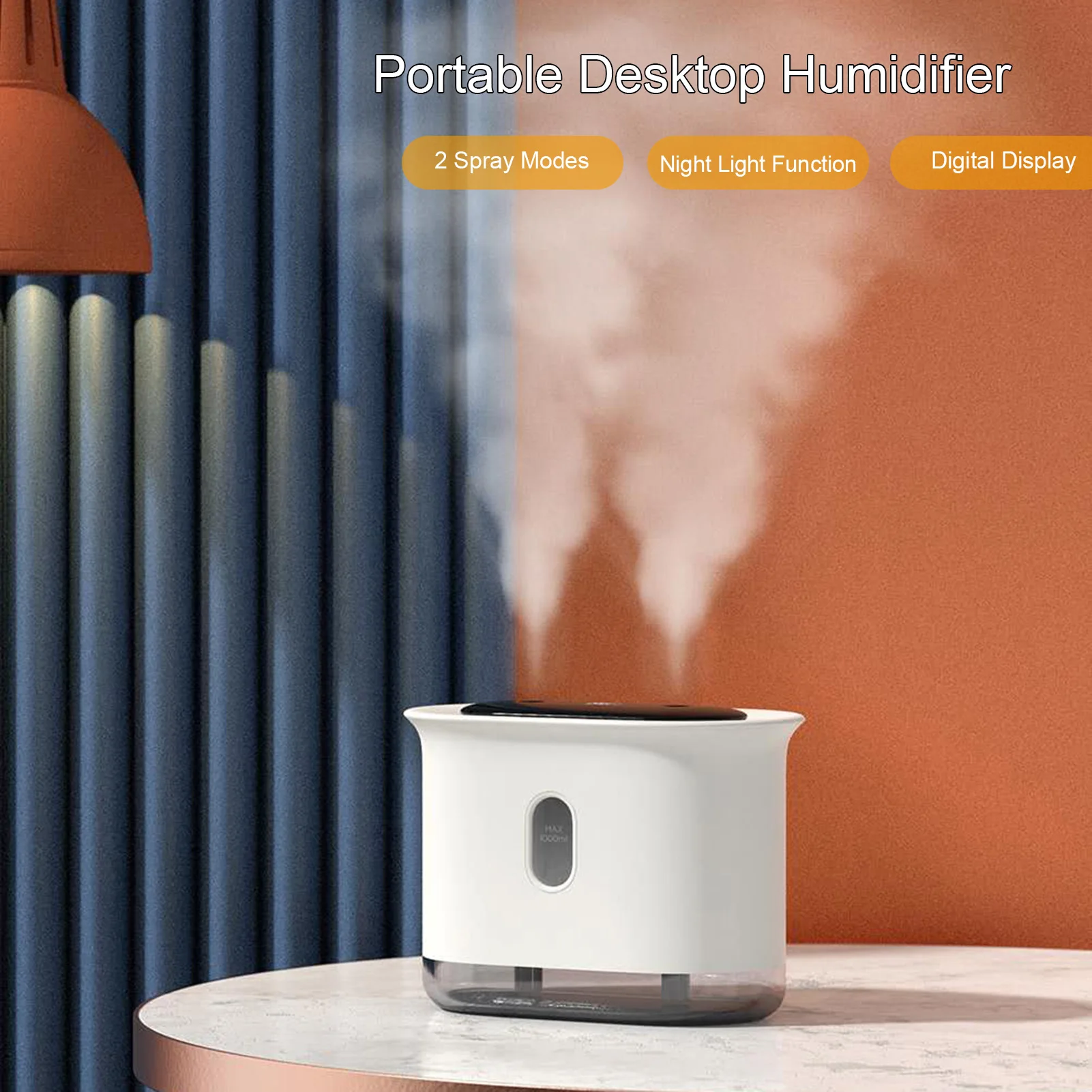 

Desktop Humidifier with Double Spray Night Light Function 1000ML High Capacity Digital Display USB Air Humidifier