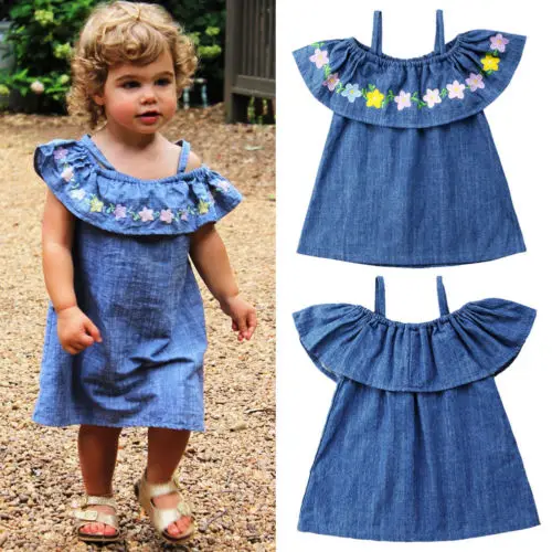 Pudcoco/новое летнее платье для маленьких девочек джинсовая с открытыми плечами
